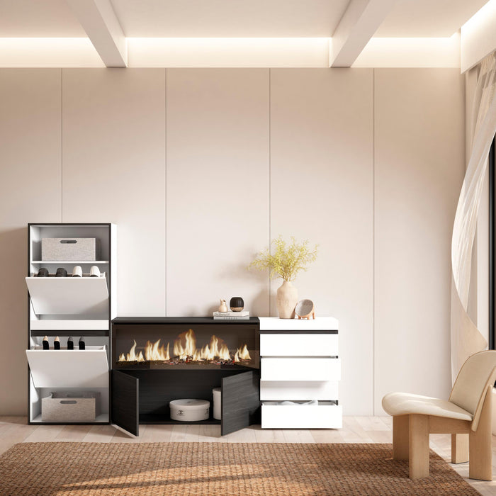 Scarpiera, 224x35x145cm, Camera da letto, Camino elettrico XXL, Cassettiera, Bianco RF3554