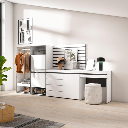 Scarpiera, 297x35x145cm, Camera da letto, Armadio Aperto, Cassettiera, Pannelli Decorativi, Tavolo da toeletta, Bianco RF3502