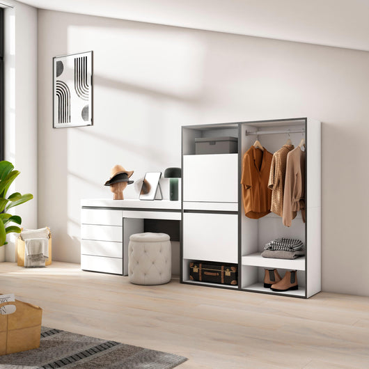 Scarpiera, 247x35x145cm, Camera da letto, Armadio Aperto, Cassettiera, Tavolo da toeletta, Bianco RF3500