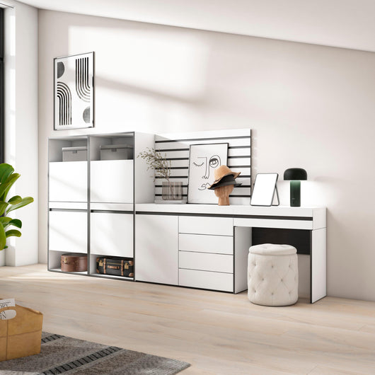 Scarpiera, 297x35x145cm, Camera da letto, Cassettiera, Pannelli Decorativi, Tavolo da toeletta, Bianco RF3515