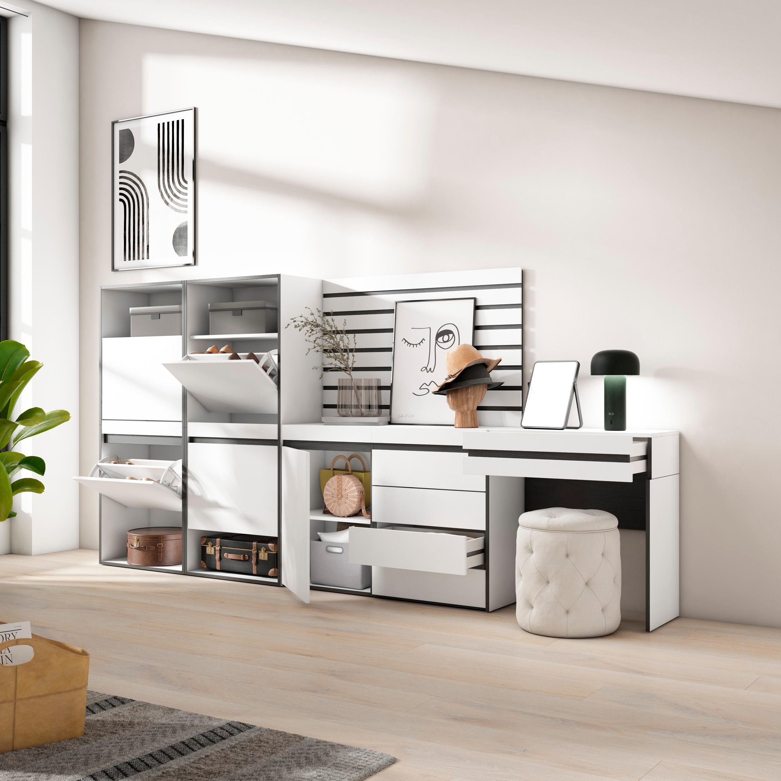 Scarpiera, 297x35x145cm, Camera da letto, Cassettiera, Pannelli Decorativi, Tavolo da toeletta, Bianco RF3515