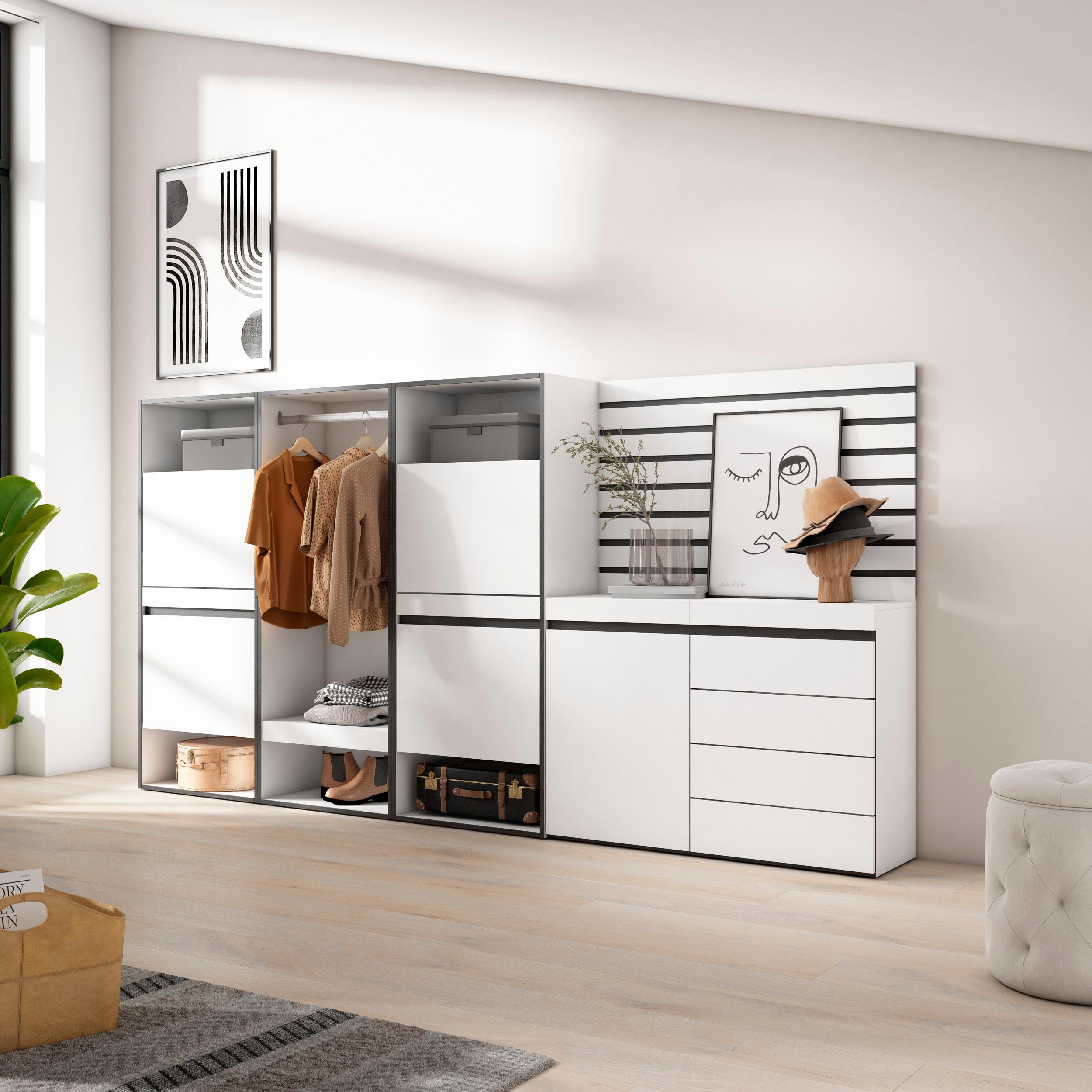 Scarpiera, 287x35x145cm, Camera da letto, Armadio Aperto, Cassettiera, Pannelli Decorativi, Bianco RF3507