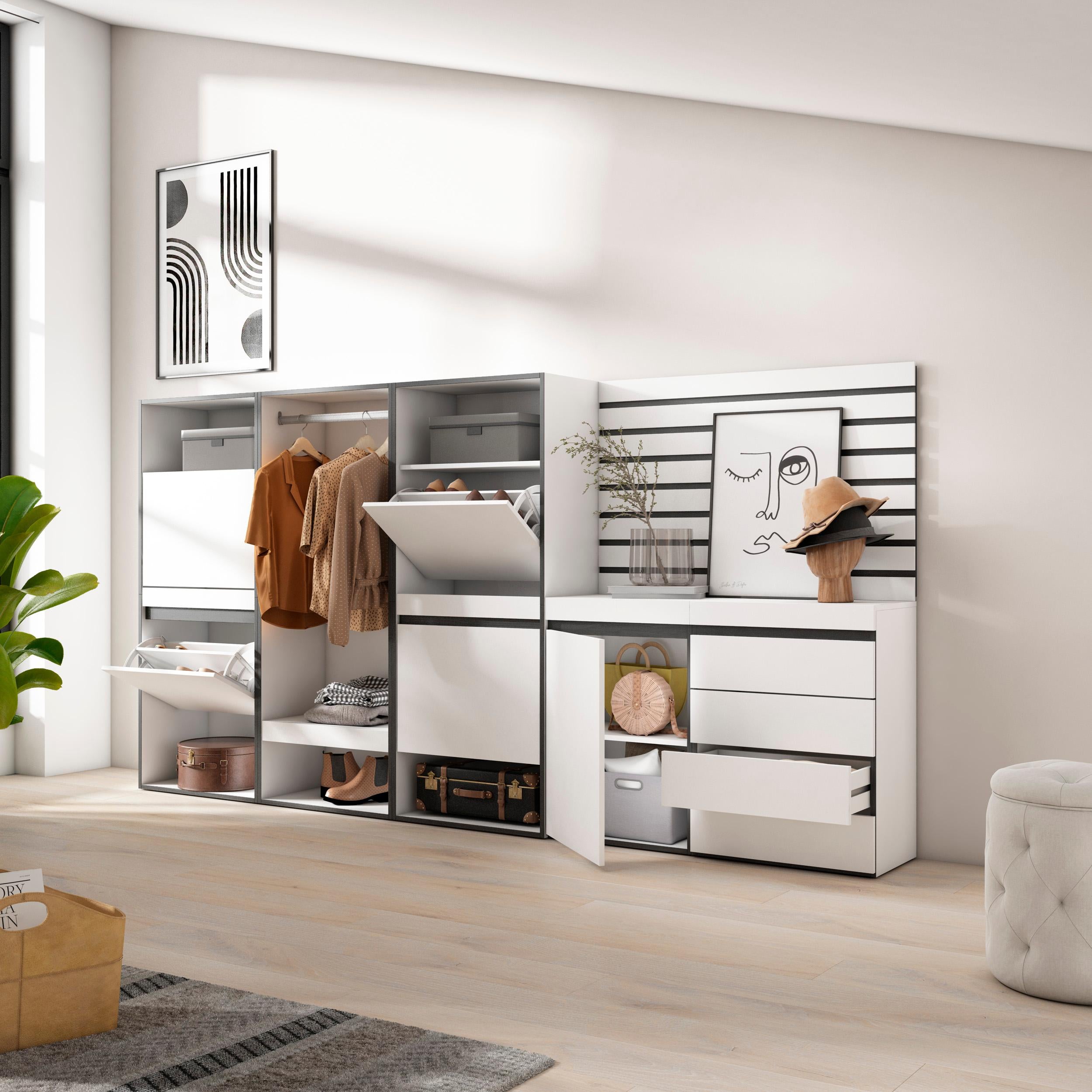 Scarpiera, 287x35x145cm, Camera da letto, Armadio Aperto, Cassettiera, Pannelli Decorativi, Bianco RF3507