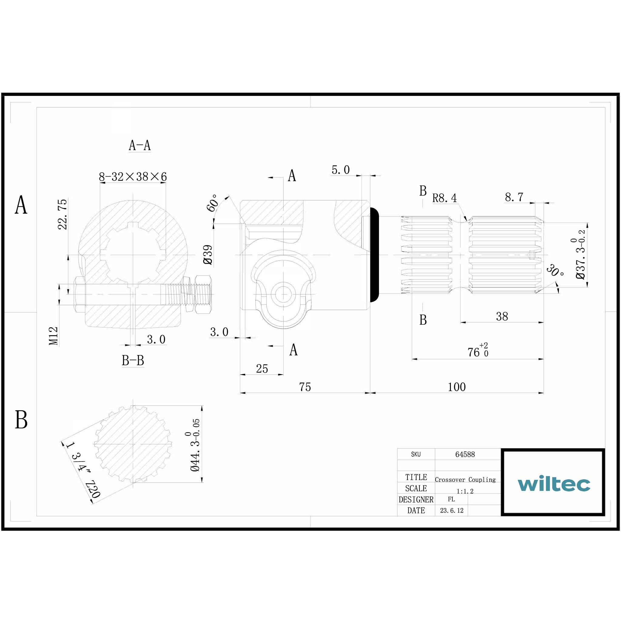 Boccola albero cardanico 175mm Attacco albero scanalato 8-32x38x6 per albero uscita 1 3/4" 20 denti