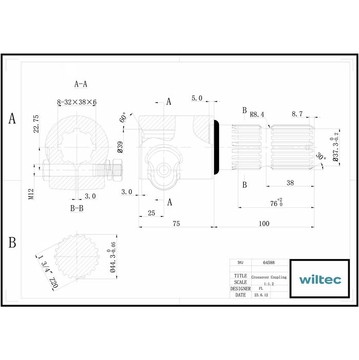 Boccola albero cardanico 175mm Attacco albero scanalato 8-32x38x6 per albero uscita 1 3/4" 20 denti