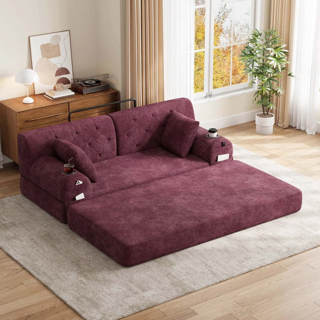Divano letto compatto in corduroy con schienale alto, tasche laterali, portabicchieri e struttura in metallo