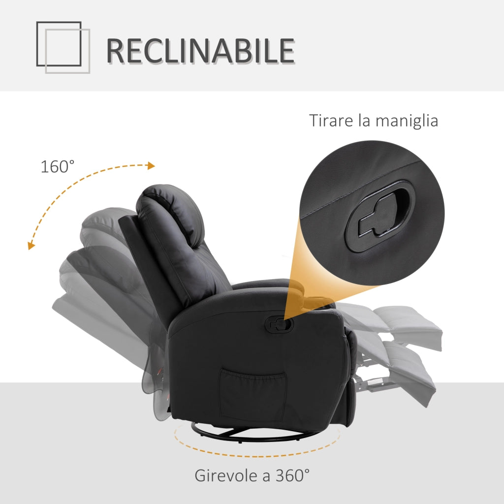 EasyComfort Poltrona Relax Massaggiante con 8 Punti, 5 Modalità e 2 Intensità, Reclinabile con Poggiapiedi e Girevole, 84x92x109cm, Nero
