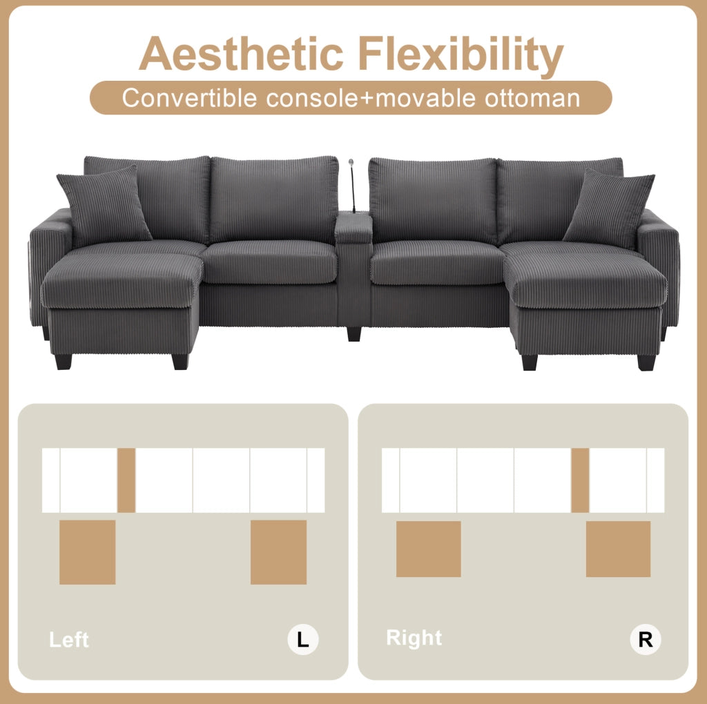 Divano angolare a U in velluto a coste grigio 334x128;5x81 cm con LED; USB e tavolini contenitore