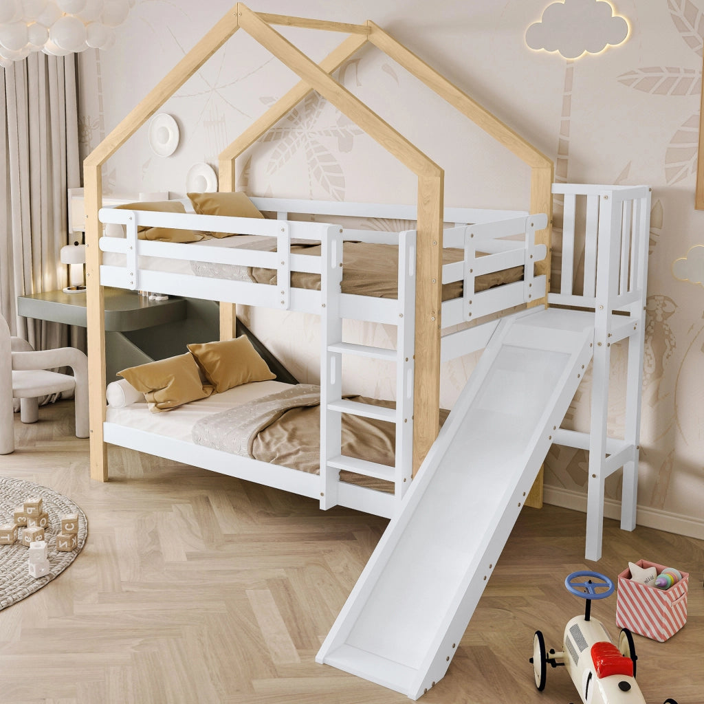 Letto a castello per bambini a casetta con scivolo 90x200 cm