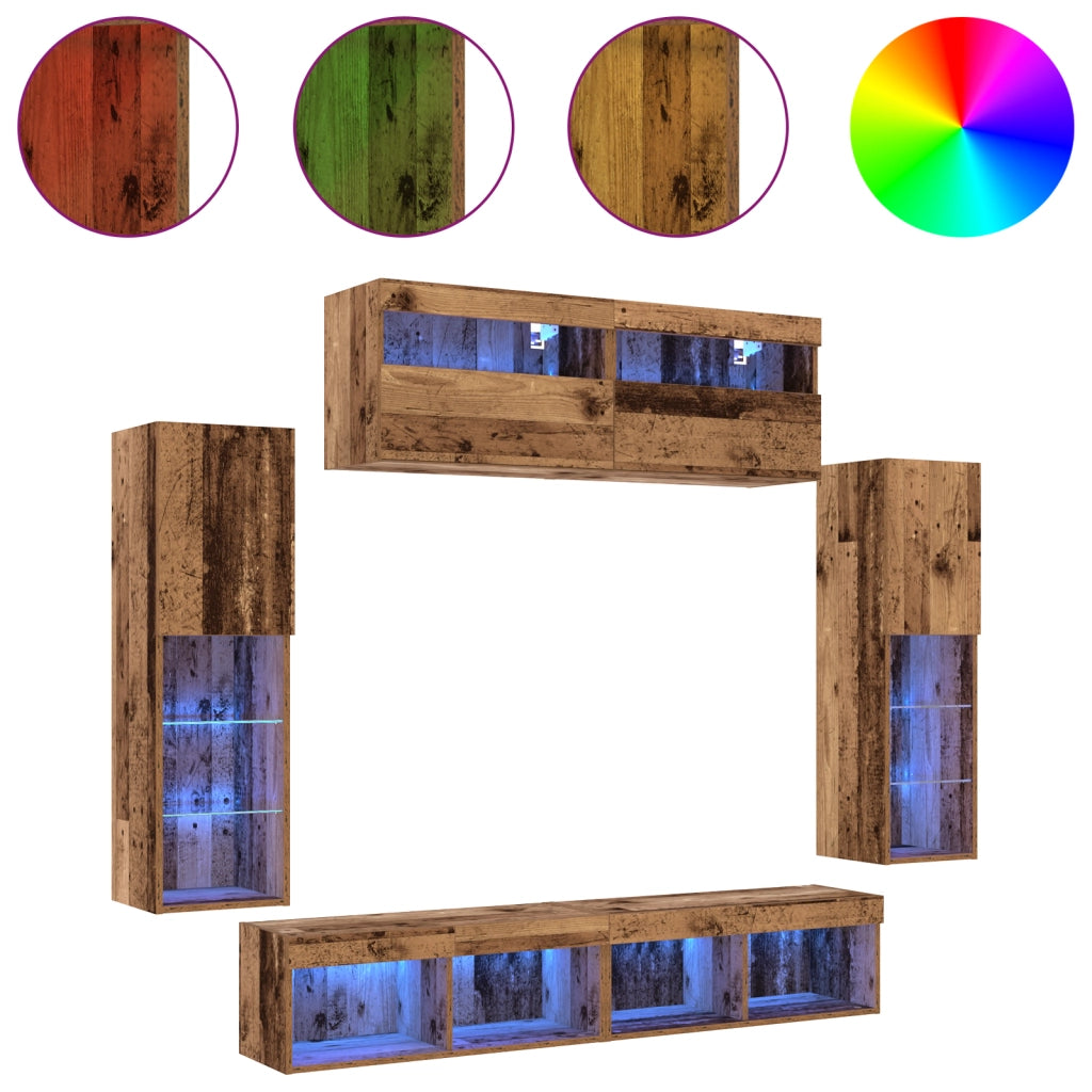 Set di 8 UnitÃ  Muro TV con LED Legno Antico Legno Ingegnerizzato