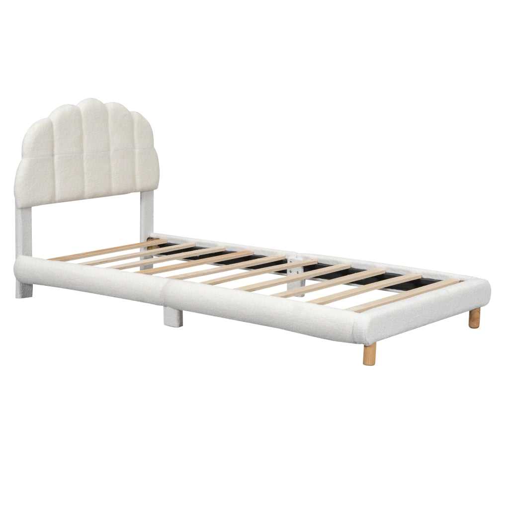 Letto per bambini 90x200 cm in peluche bianco con testiera sagomata, struttura in MDF