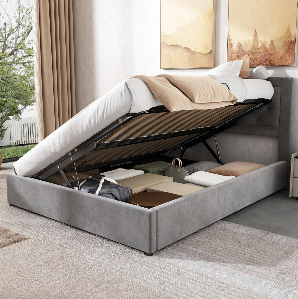 Letto imbottito con contenitore 140x200 cm in velluto grigio; struttura in acciaio