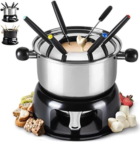 Set per fonduta al formaggio - Piatto per fonduta al formaggio - Piatto per fonduta al formaggio in ceramica - Argento|Nero