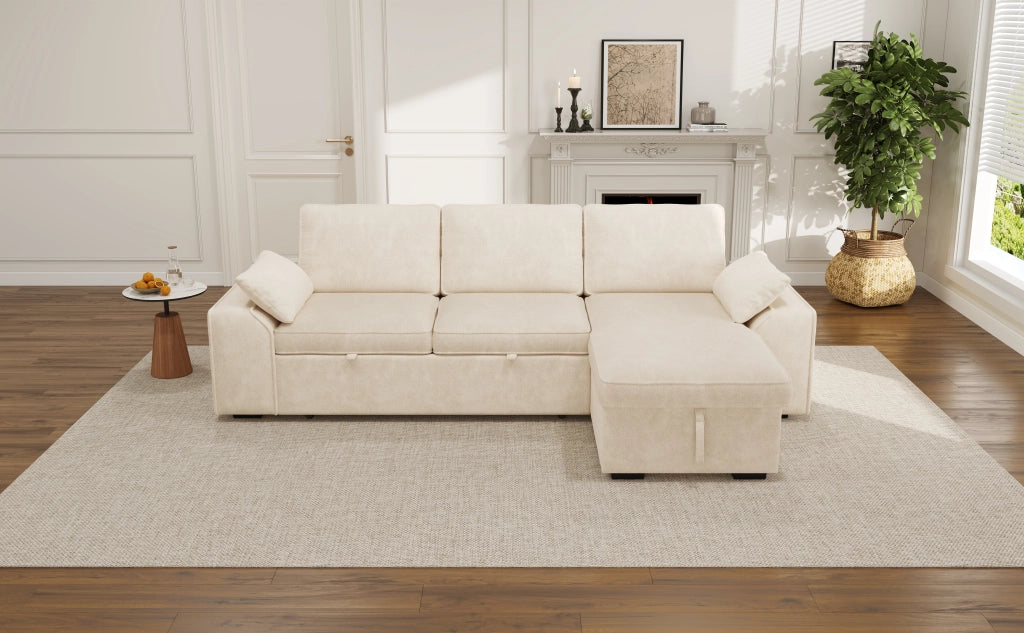 Divano angolare 3 posti convertibile con letto estraibile, contenitore, USB e chenille beige 237 × 141 × 86 cm