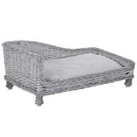 Cuccia per Animali Domestici Forma Chaise Longue in Vimini Grigio Cuscino in Pile 69x42x33cm
