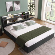 Letto imbottito 140 x 200 cm grigio con testiera contenitore, LED e ricarica USB