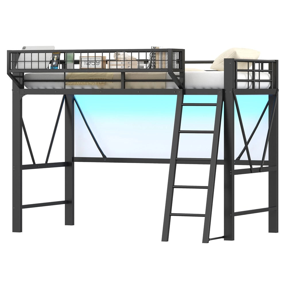 Letto a soppalco ¨C Minimal ¨C nero metallo con LED 90x200 cm
