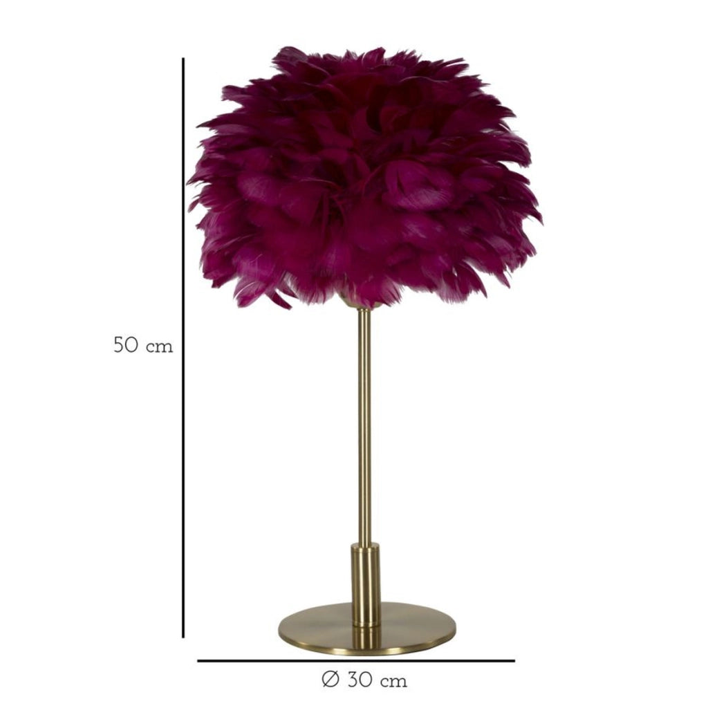 Lampada da tavolo Ball Feather Bordeaux con sfera di piume e stelo oro