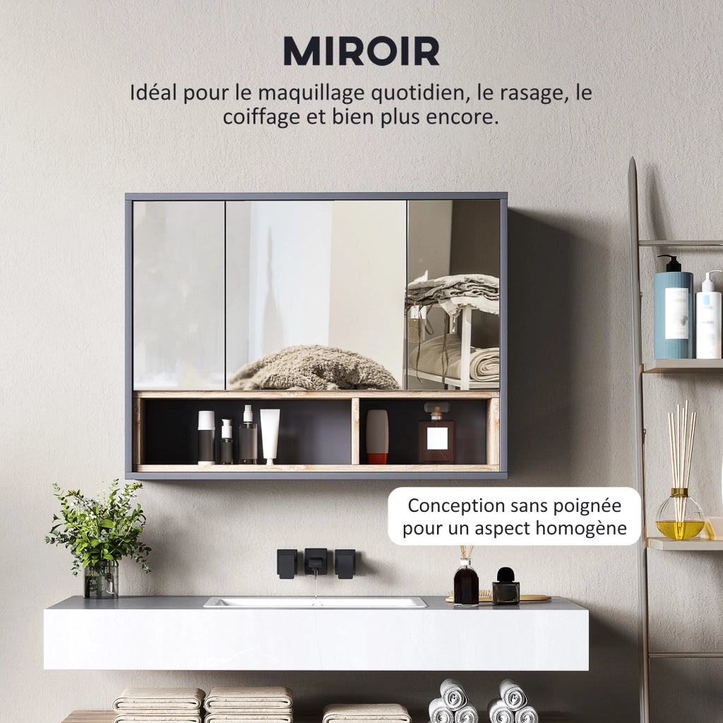 Mobile da Bagno con Specchio e Armadietto ¨C Zephmum ¨C Grigio, Legno Multistrato, 3 Ante, 8 Ripiani