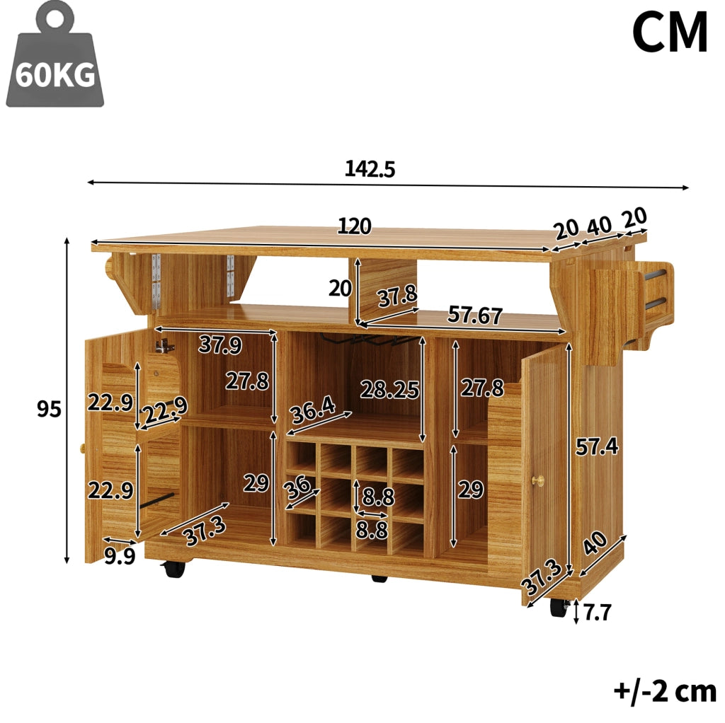 Isola da cucina mobile con piani ribaltabili, marrone scuro