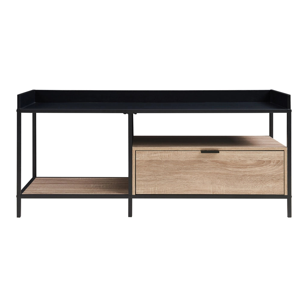 Mobile Porta TV Belana con Cassetto e 2 Scomparti Aperti 120 x 40 x 54 cm - Nero/Effetto Rovere [en.casa]
