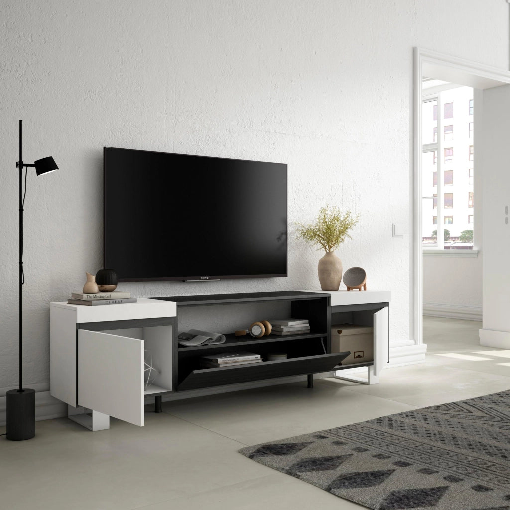 Mobile TV, 200x35x57cm, soggiorno, Per TV fino a 80", Design industriale, Bianco e nero RF2167