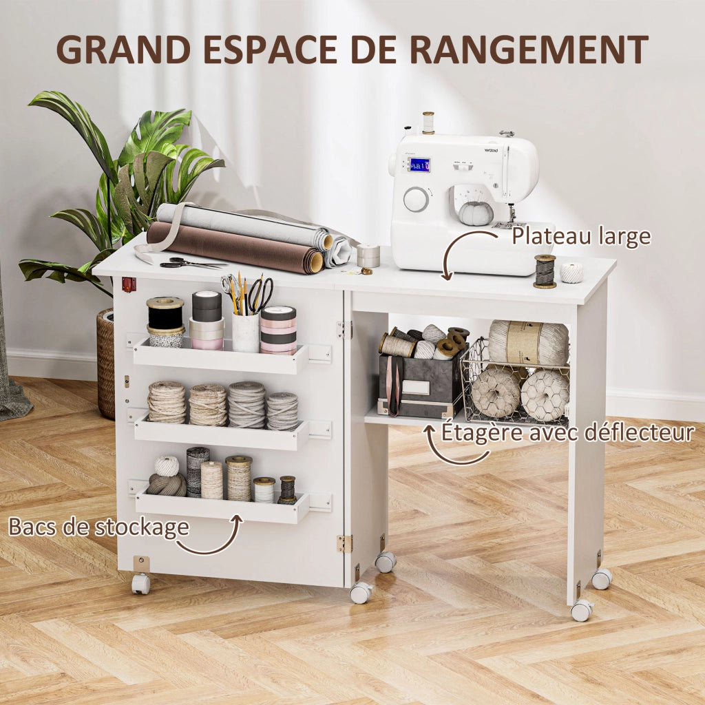 Tavolo da cucito pieghevole con ripiani e ruote ¨C zephmum ¨C bianco 90x60x75