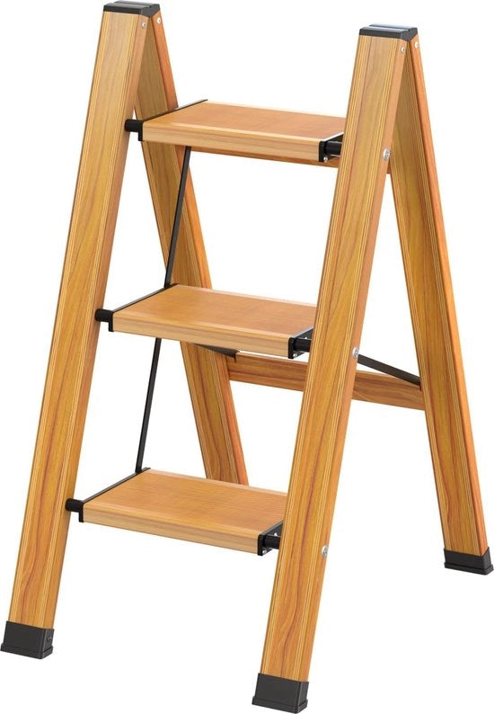 Trappola a tre gradini, a sbalzo, ripiegabile, scala a sbalzo in alluminio, scala a treppina portatile, scala a sbalzo per uso domestico fino a 150 kg, scala multifunzionale con superficie in legno per cucina, bagno, campeggio