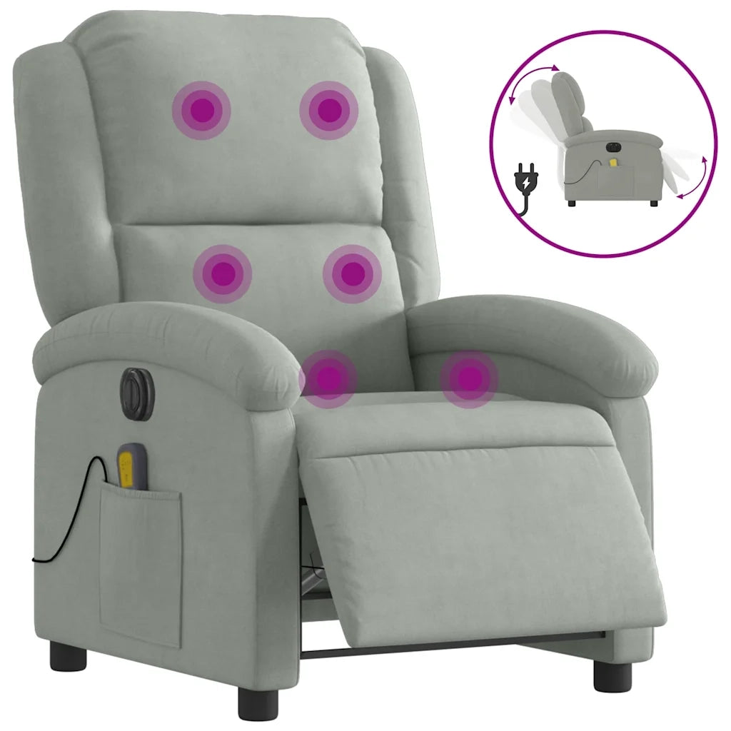 Poltrona Elettrica Massaggi Reclinabile-Divano Sedia Grigio Chiaro Velluto 914196
