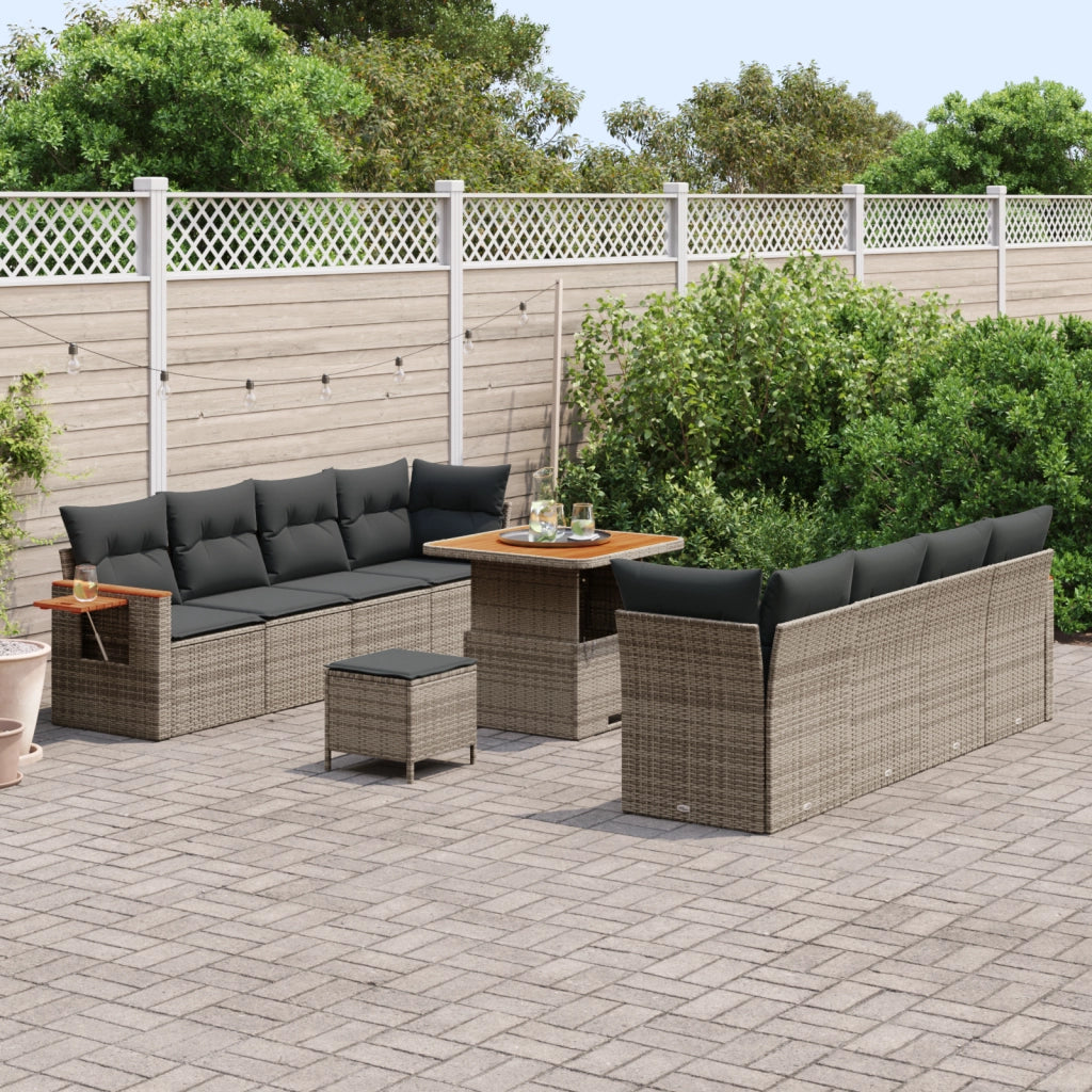Set Divano da Giardino  11 Pezzi con Cuscini Grigio Polyrattan Acacia