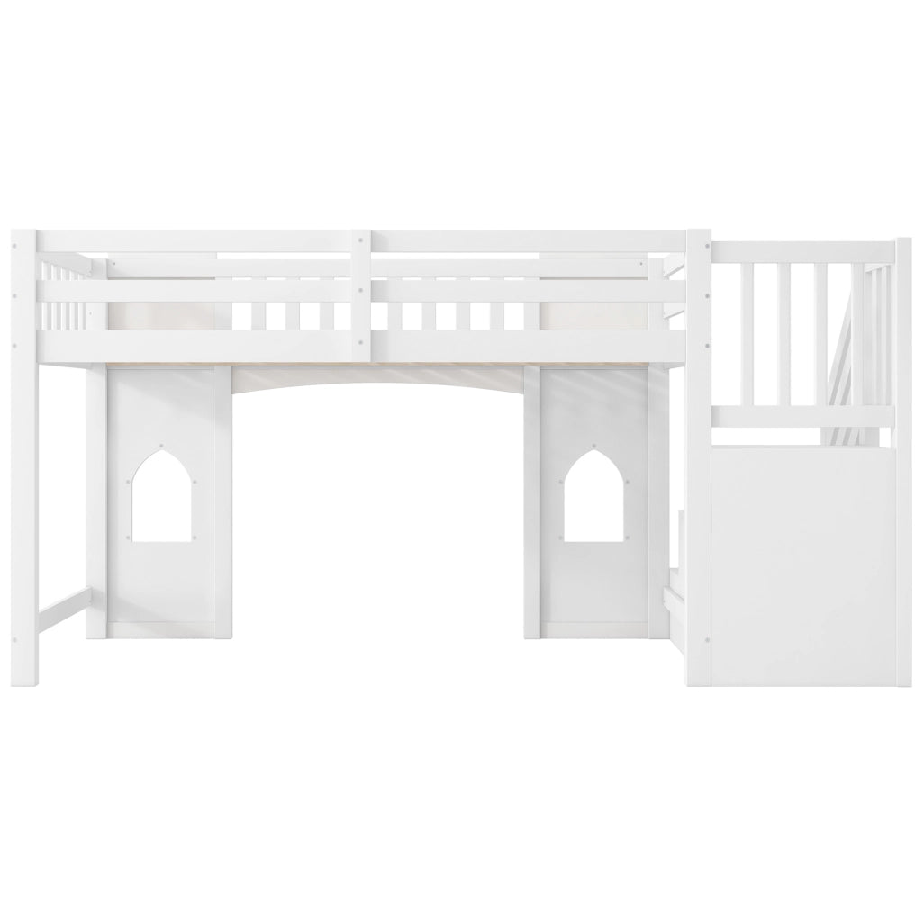 Letto a soppalco 90x200 cm con scala contenitore e finestre in MDF; pino e compensato bianco