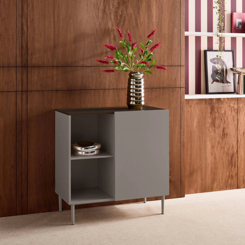 Credenza in metallo e decorazione in legno 1 anta, 80cm, grigio