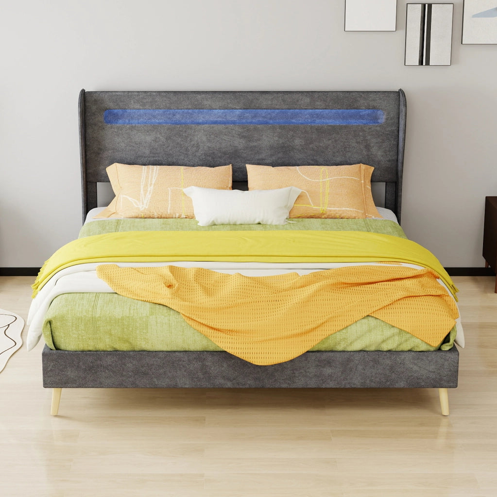 Letto matrimoniale imbottito con LED 160x200 cm in tessuto e metallo; grigio