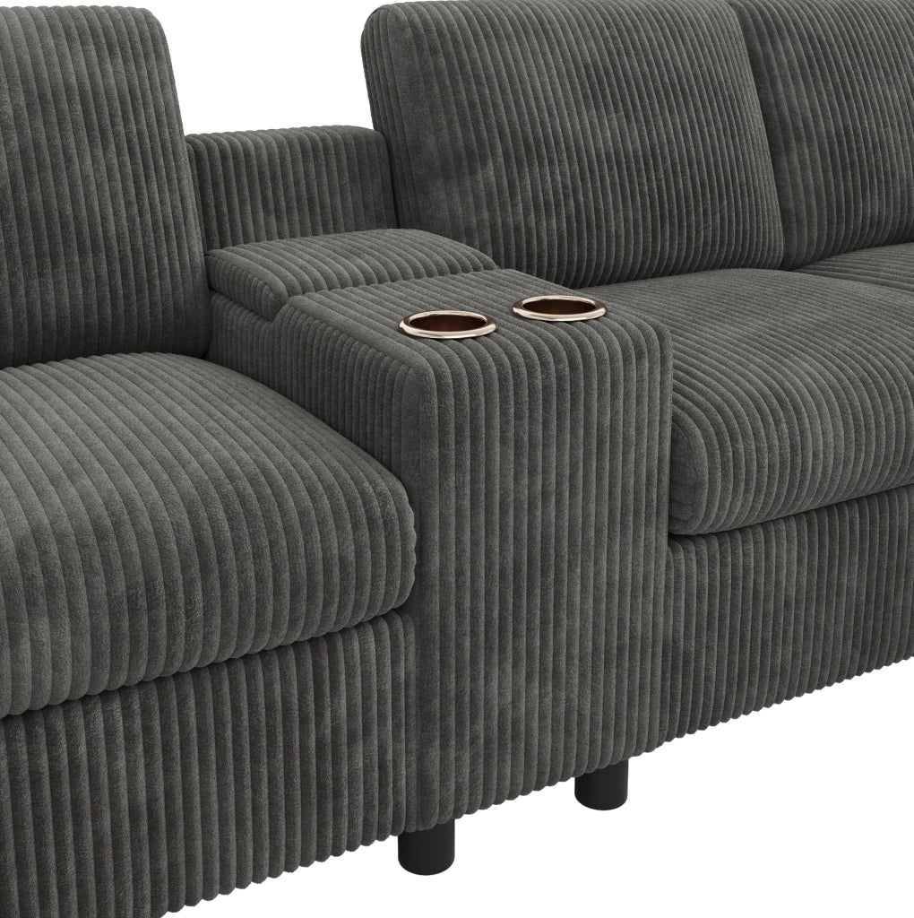 Divano a U in velluto a coste grigio con 2 pouf contenitore; tavolino e porte USB/Type-C