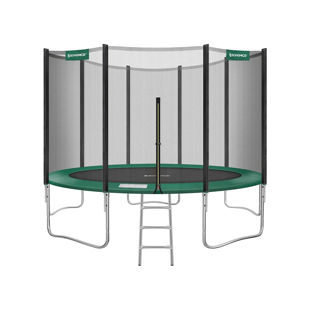Trampolino da esterno diametro 427 cm attrezzatura da giardino con scaletta rete protettiva pali rivestiti nero e verde scuro 12_0002075