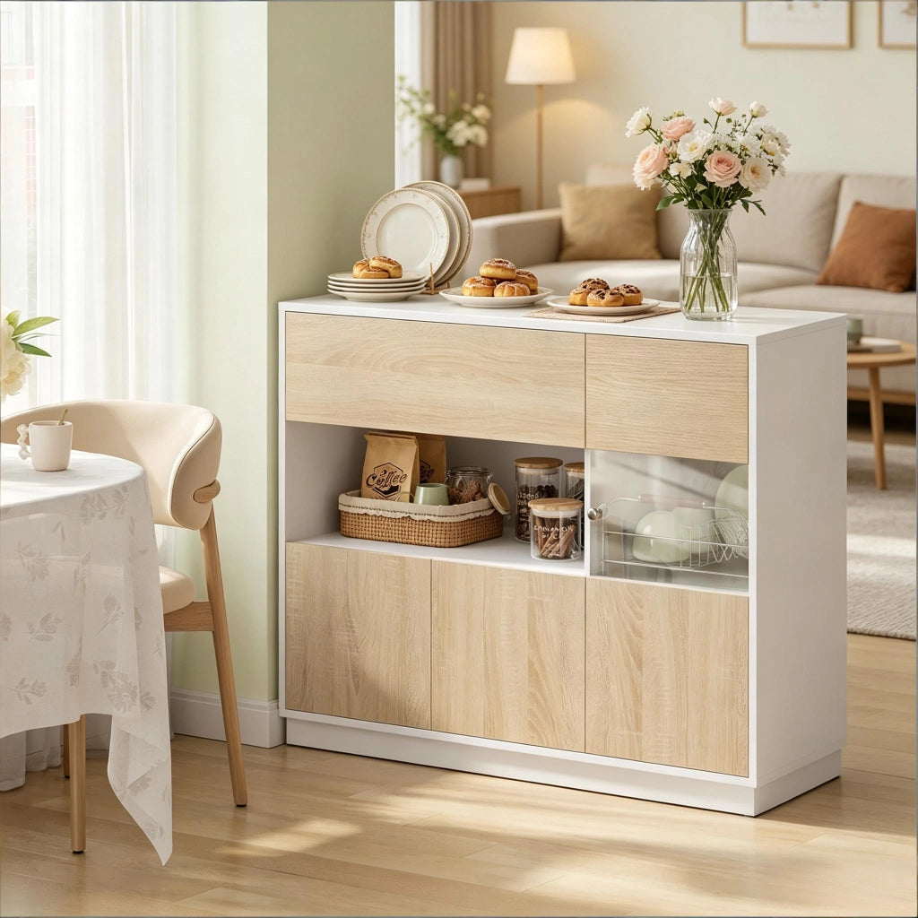 Credenza e madia con vano aperto e anta acrilica, in legno ingegnerizzato, bianco e rovere chiaro, 100 × 40 × 80 cm