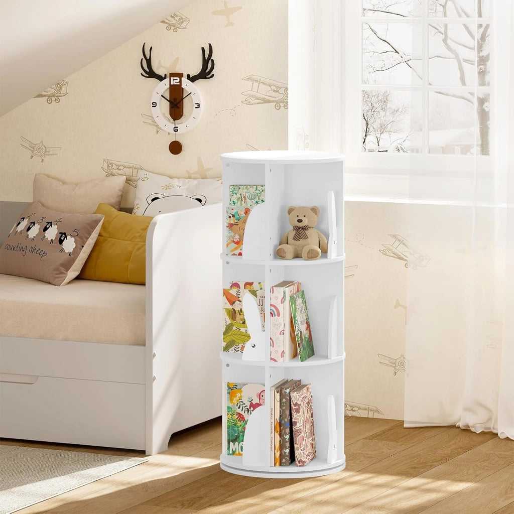 Libreria per Bambini Rotante, Libreria Girevole a 3 Livelli, Porta Libri per Soggiorno, Studio, Scaffale in Legno Autoportante