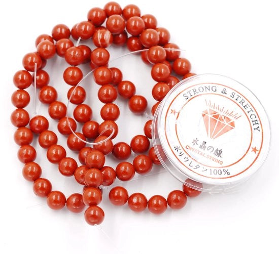 Collezione di perle con corda per creare gioielli Perle individuali per hobby 6 mm = 128 pezzi e 1 rotolo di corda Pietra di giada rossa A 6 mm