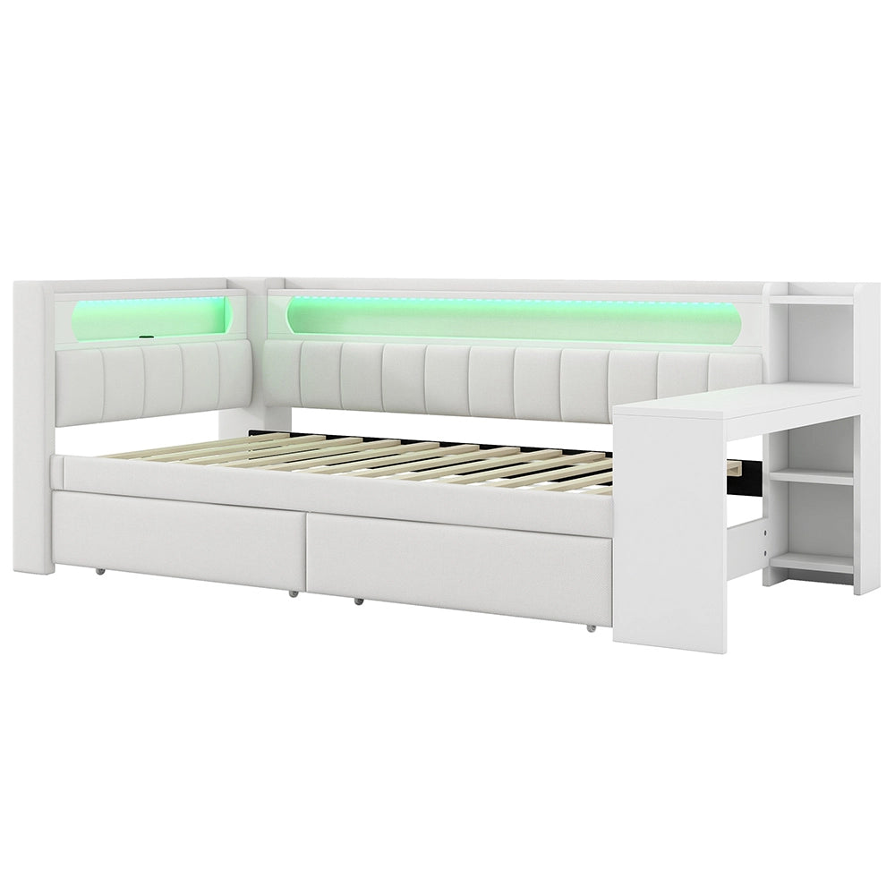 Letto a giorno-Xylo-90x200 cm-imbottito, USB, LED, scrivania, 2 cassetti, bianco