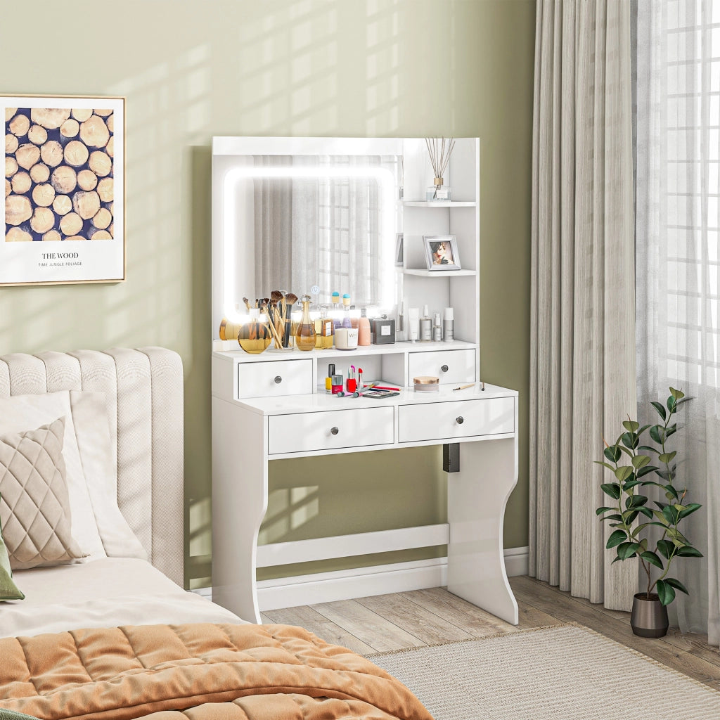 Toeletta Trucco con Luci LED, Specchio, USB, Cassetti e Mensole ¨C zephmum ¨C Bianco, 90x45x160cm