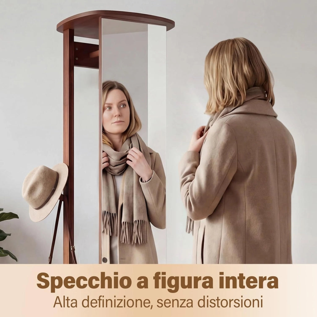 Appendiabiti Girevole a 360° con Specchio, Specchio a Figura Intera da Terra con Ripiani e Ganci, Appendiabiti per Soggiorno, Camera da Letto e Guardaroba (Stile 3)