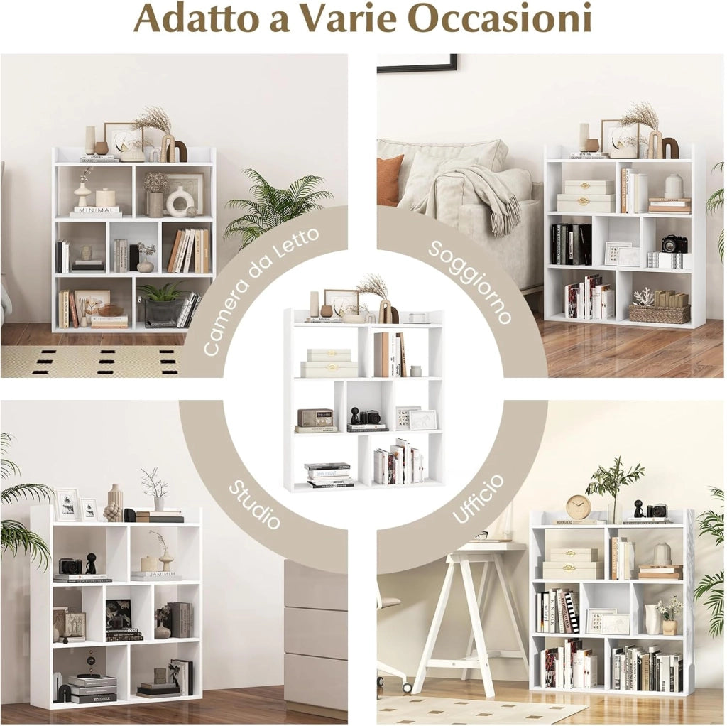 Libreria a Cubi con 7 Scomparti, Mensola Espositiva per l'Archiviazione, Libreria in Legno con Dispositivi Anti-Ribaltamento, per Studio Soggiorno, 80x20x90 cm (Bianco)