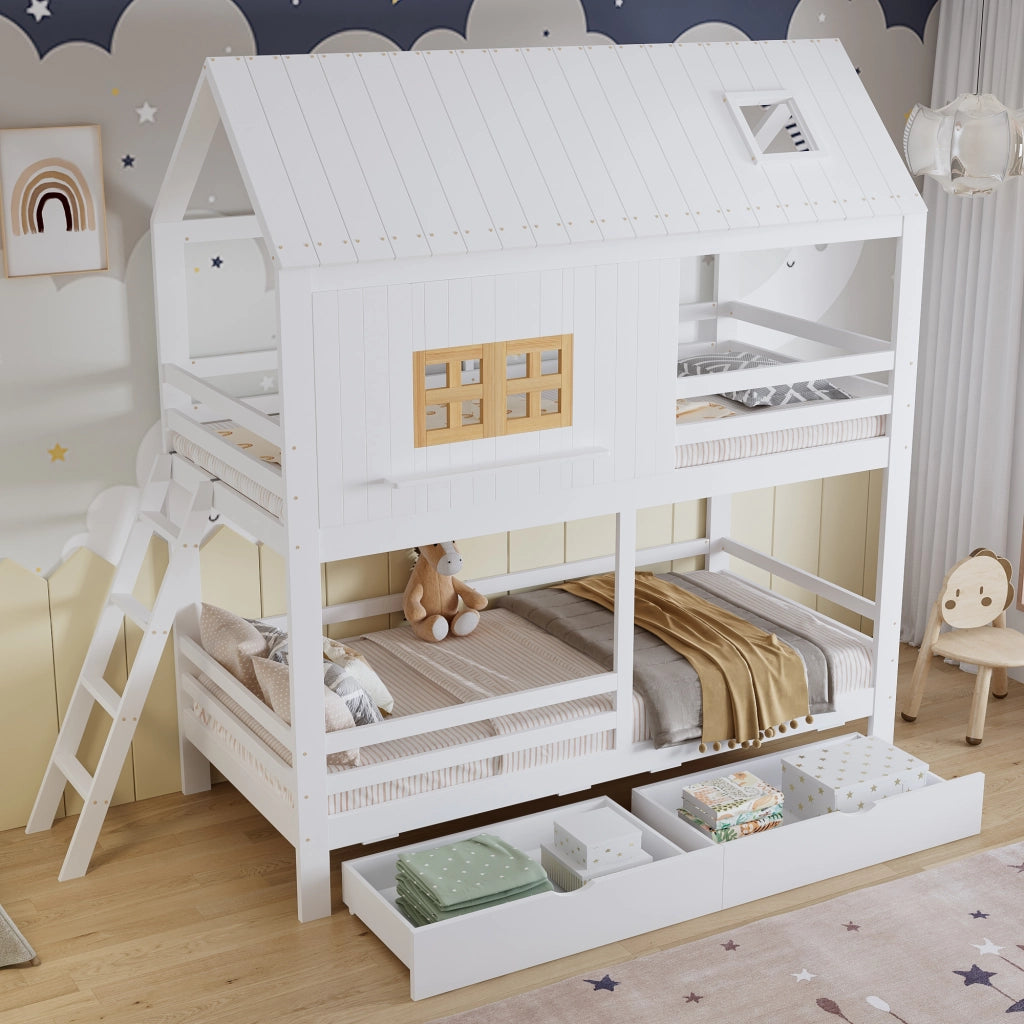 Letto a Castello 90x200 cm - con 2 Cassetti; Finestre e Tetto - Bianco Naturale