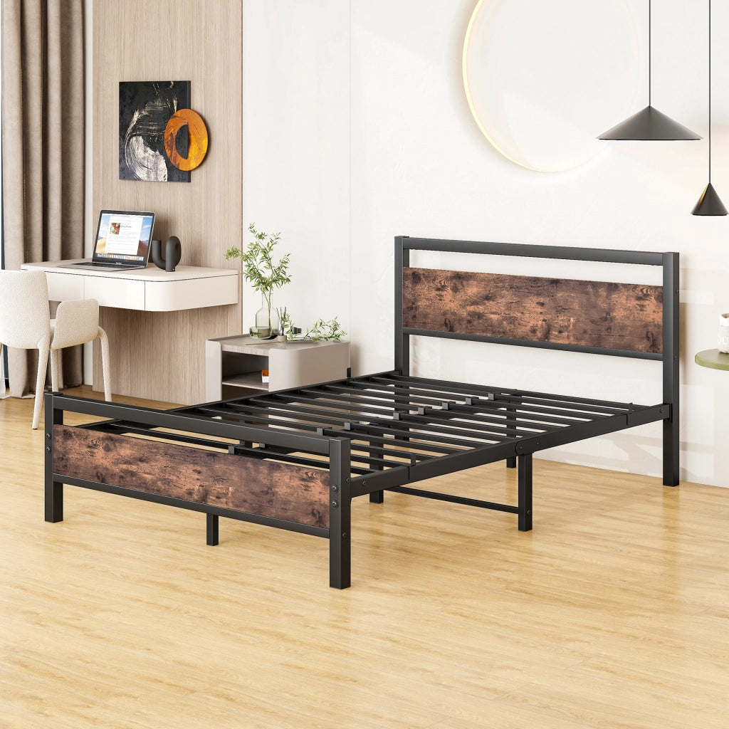 LETTO 140x190 cm in MDF e Metallo con rete a doghe, stile industriale, marrone