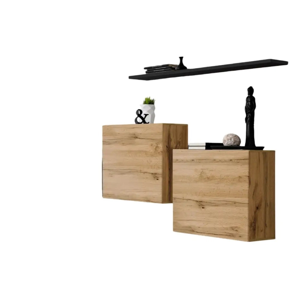 Set di mobili da soggiorno SWITCH SBI design, colore quercia Wotan e scaffale nero.