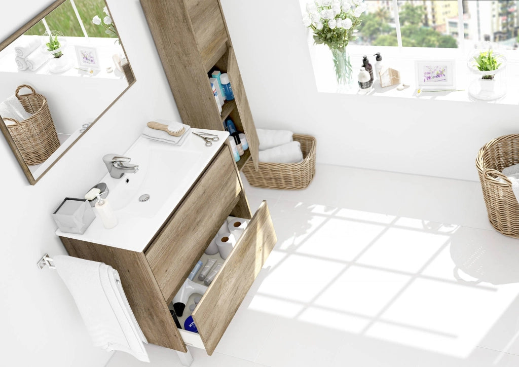 Mobile sottolavabo Alis, Mobiletto sospeso con 2 cassetti, Armadio per bagno con specchio, Lavabo escluso, cm 80x45h80, Quercia