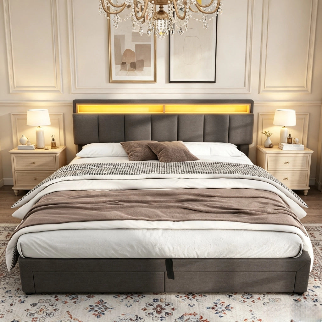 Letto matrimoniale contenitore 180x200 cm con testiera imbottita LED e porta USB struttura letto con cassetti e rete a doghe in lino-grigio