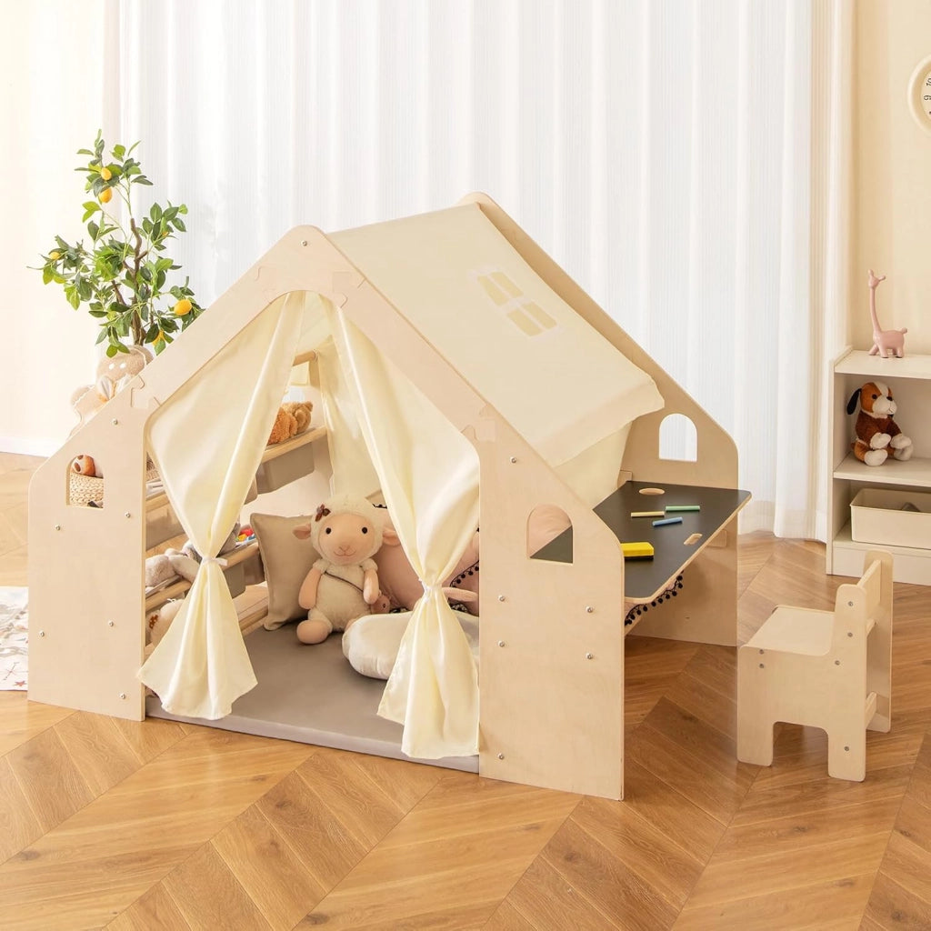 6 in 1 Tenda per Bambini in Legno, Tenda Casetta da Gioco con Tavolo e Sedia, con Tappetino Lavagna e 6 Scatole Portaghiochi, Capanna per Bambini (Beige 98 x 145 x 113 cm)