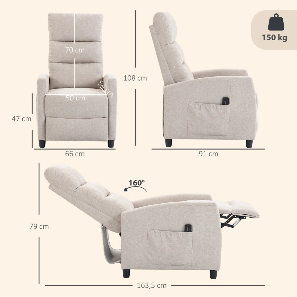 Poltrona Massaggiante e Reclinabile a 160° con Poggiapiedi e Telecomando, 66x91x108 cm, in Ciniglia Bianco Crema