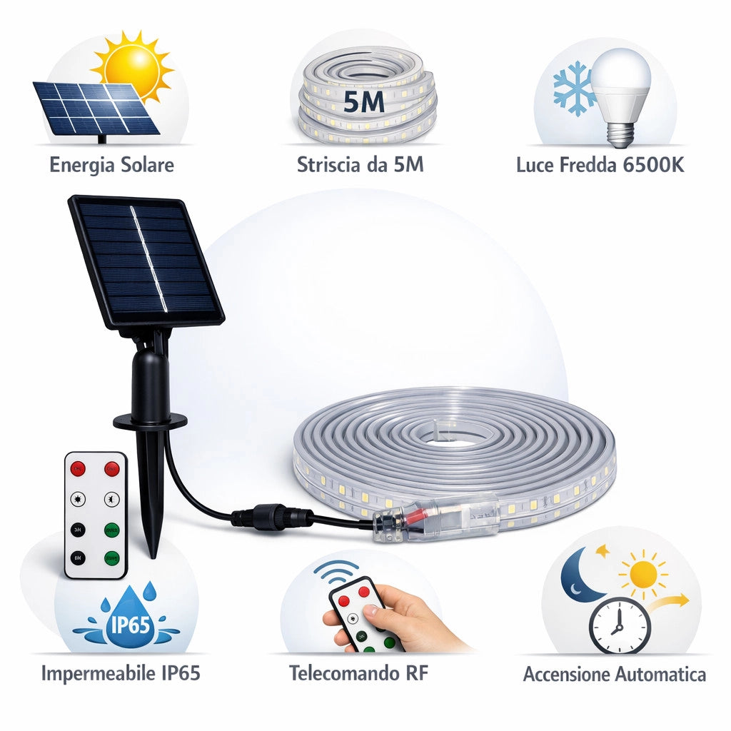 STRISCIA LED SOLARE 5 METRI TELECOMANDO BIANCO FREDDO 6500K PER ESTERNO ET-31608